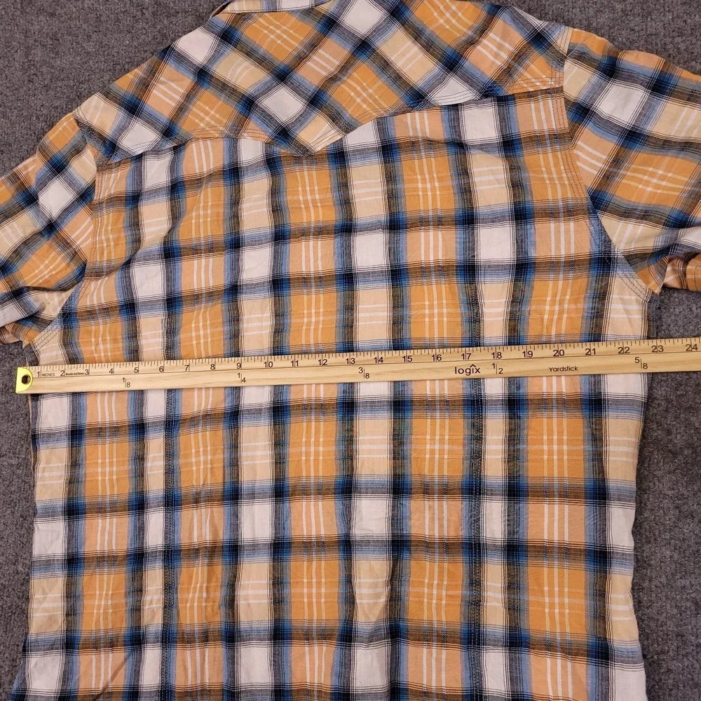 True Religion Men's Western Peal Snap Shirt Orange Blue Plaid XXL Cotton S/S